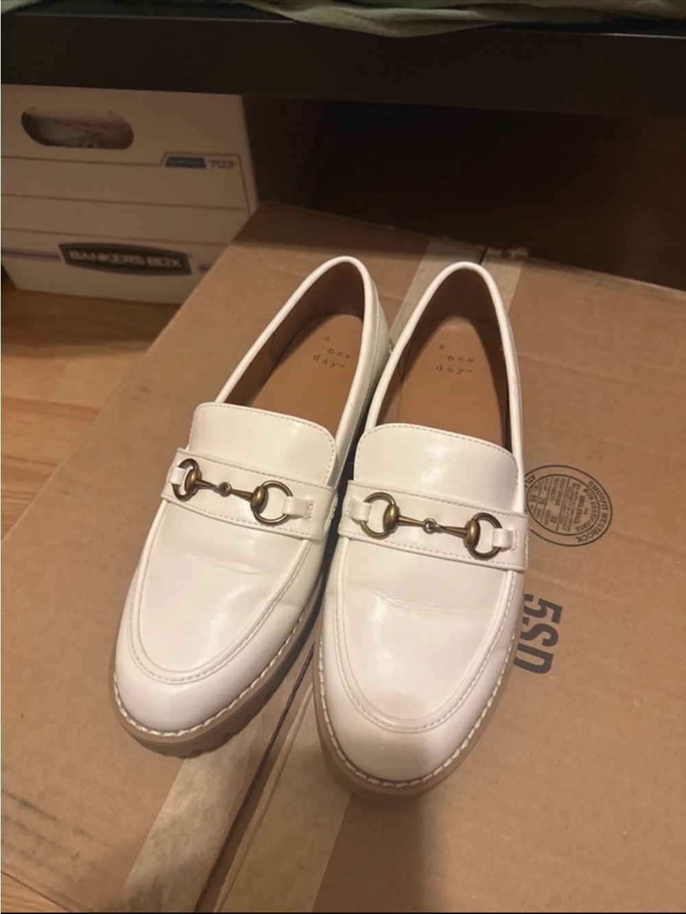 a new day White Leather Horsebit Loafers